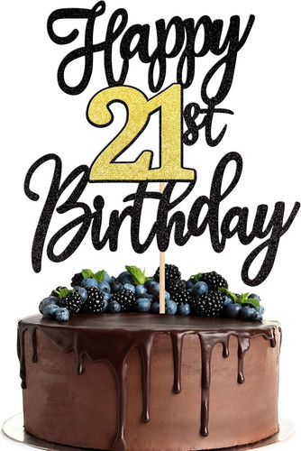 1 PCS Happy 21st Birthday Cake Topper - Black Gold Glitter Cheers to 21 Years -