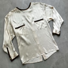 Vintage Chanel Silk Tunic Top Blouse Cream/Black • Goldtone Buttons