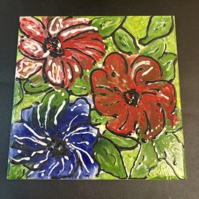 Vtg Hand-Painted Ceramic Tile Art Blue Red Floral Flowers Signed 8X8'' Boho Farm