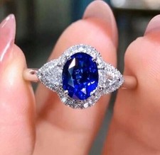 3Ct Oval Cut Simulated Blue Sapphire Halo Engagement Ring 14K White Gold Plated