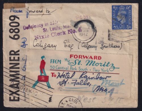 Great Britain 1942 WWII Censored Hotel Forwarding Cover St. Louis Nixie Clerk - Picture 1 of 2