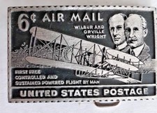 pewter belt buckle Wilber Orville Wright air mail stamp 2.75" long NEW in box