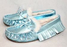 New CREWCUTS Metallic Blue Fur Lined Fringe Moccasin Slipper Girls 3 Faux Lthr