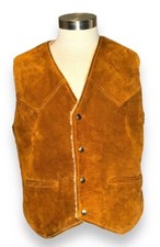 vtg BERMAN s Suede Cowhide Western Snap Up Vest Sherpa Lined sz 44/L Brown