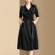 Double Breasted Windbreaker Belted Acetic Acid Satin Skirt Womens Black Dresses