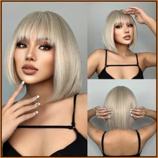 ✅ Straight White Platinum Wigs for Women Short Bob Synthetic Wig With Bangs