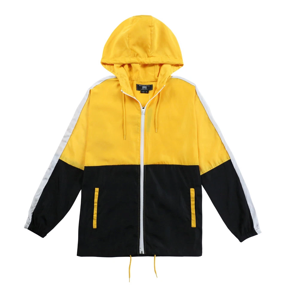 Jaqueta com capuz masculina leve à prova de vento zíper Anorak corta-vento amarela preta - Imagem 4 de 4