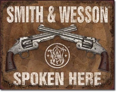 Vintage Tin Metal Sign – Smith & Wesson Revolver With Ammo & Cowboy Hat, 1876 Replica