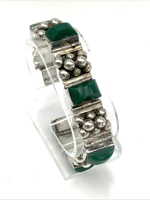 Vintage Sterling Silver Green Onyx Panel 7-3/8'' Statement Bracelet