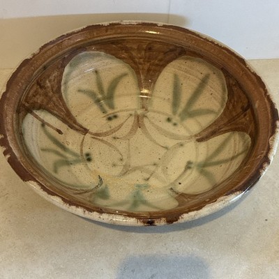 Signed Rustic Hand Painted Studio Pottery 11 3/4  Bowl Leaf Design Drip Glaze