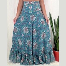 Boho Fairy Floral Ruffle Maxi Skirt XS Long Flowy Sheer High Waist Kaleidoscope