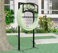 Freestanding Garden Hose Holder with Storage Basket - Heavy-Duty Black Powder...