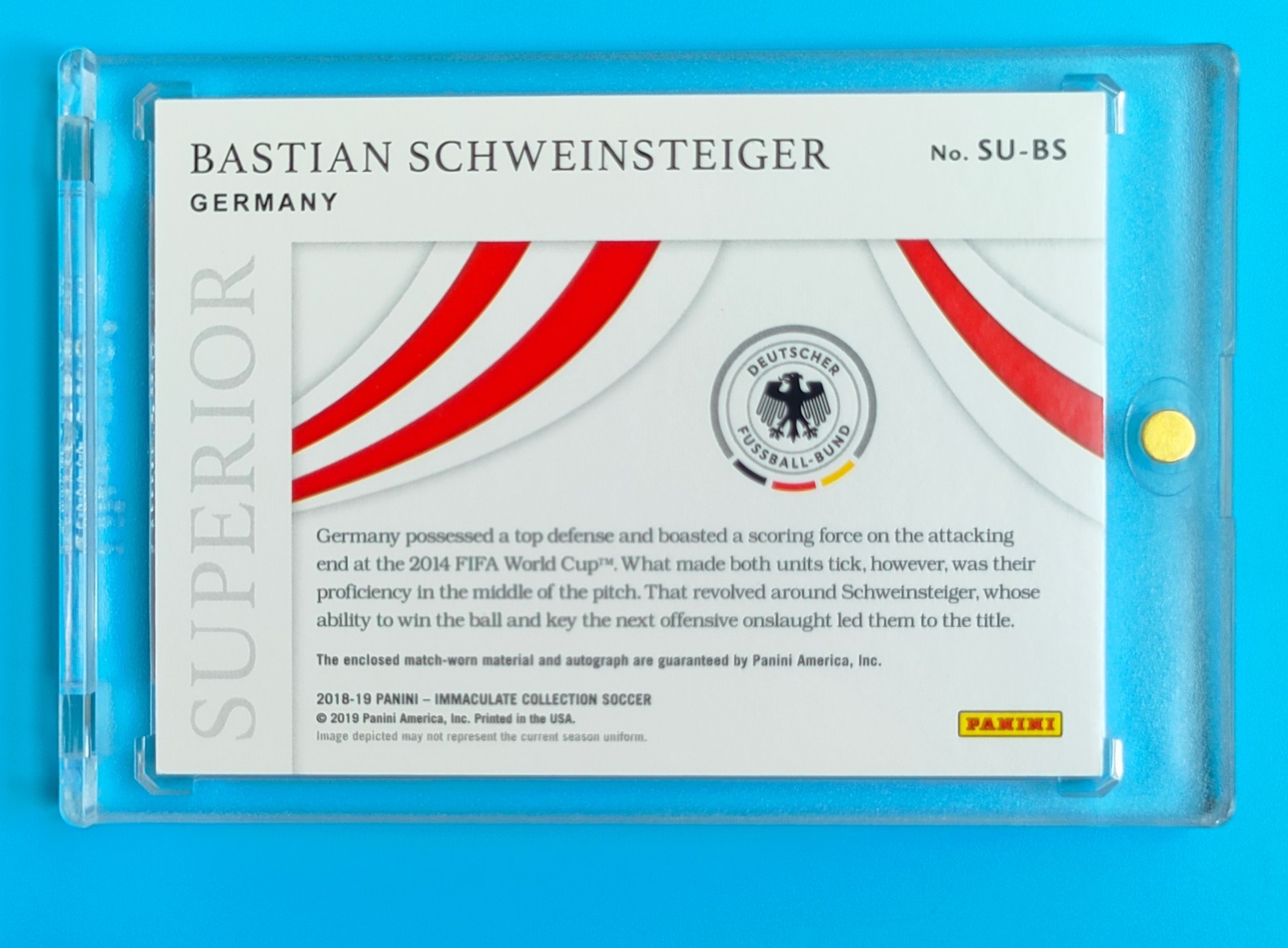 2018-19 Immaculate Germany Bastian Schweinsteiger Match-worn Patch Auto 8/15 SP view 2