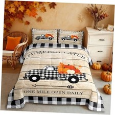 Pumpkin Grid Truck Bedding Set Size,Rustic Farmhouse Comforter Queen Fall 01