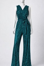 Enfocus Studio Teal Metallic Jumpsuit Womens 12 Wrap V-Neck Wide Leg Tie Waist