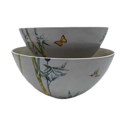 2 L'Objet Porcelain Bamboo Blue Nesting Bowls 9.5'' 8'' Hummingbird Butterfly MCM