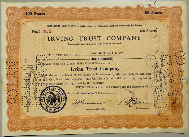 Irving Trust Co 1929 Bank  Orange Stock Certificates, Great Depression