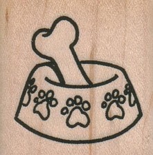 Dog Bowl With Bone 1 1/2 x 1 1/2" Mounted Rubber Stamp, Dog Stamp, Doggy Stamp