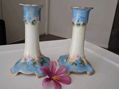 Antique MZ Austria Moritz Zdekauer Pair Porcelain Candlestk Holders c. 1894-1909