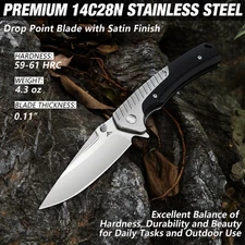 FLISSA Pocket Knife with 3.35" 14C28N Steel Blade for EDC Camping Hiking Outdoor