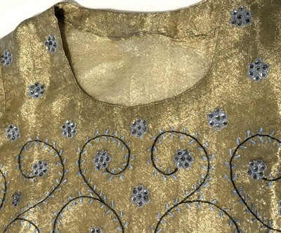 Gold Lame Dress Metallic Sheer Beaded Sequined Small /XS Long Sleeve Midi Fancy