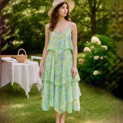 Vintage 70s Vicky Vaughn Pastel Floral Handkerchief Hem Dress Fairycore Sz S  