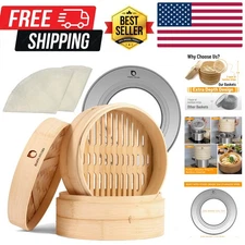 Bamboo Steamer Basket - 10 Inch 2-Tier Bamboo Dumpling Steamer for Cooking Di...