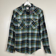 Levi's Men's S Western Shirt Green Plaid Pearl Snap Flannel 80s NEW