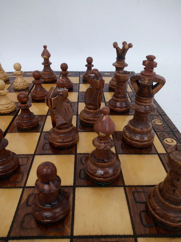 Vintage Hand Carved Wooden Chess Set Folding Pyrography Board 32 Pieces ...