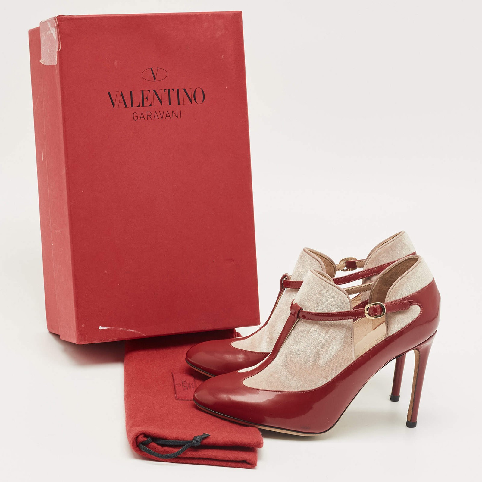 Valentino RedBeige Patent Leather and Velvet TStrap Pumps Size 36.5 thumbnail 9