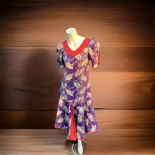 Vintage Purple Floral Dress Puff Sleeve Red V Neck Ruffle Hem Boho Midi