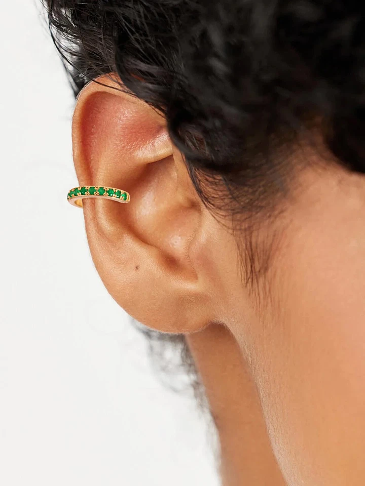 14K Solid Yellow Gold Genuine Emerald Ear Cuff - Delicate Huggie Earring. - Image 4 of 4