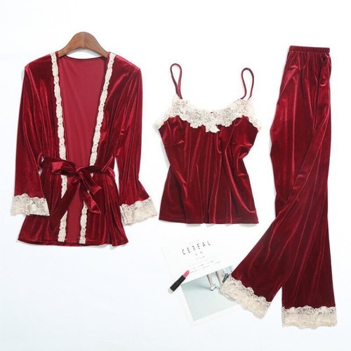 3Pcs Women Velvet Sleepwear Pajamas Sets Lace Nightwear Loungewear Bathrobe - Picture 13 of 28