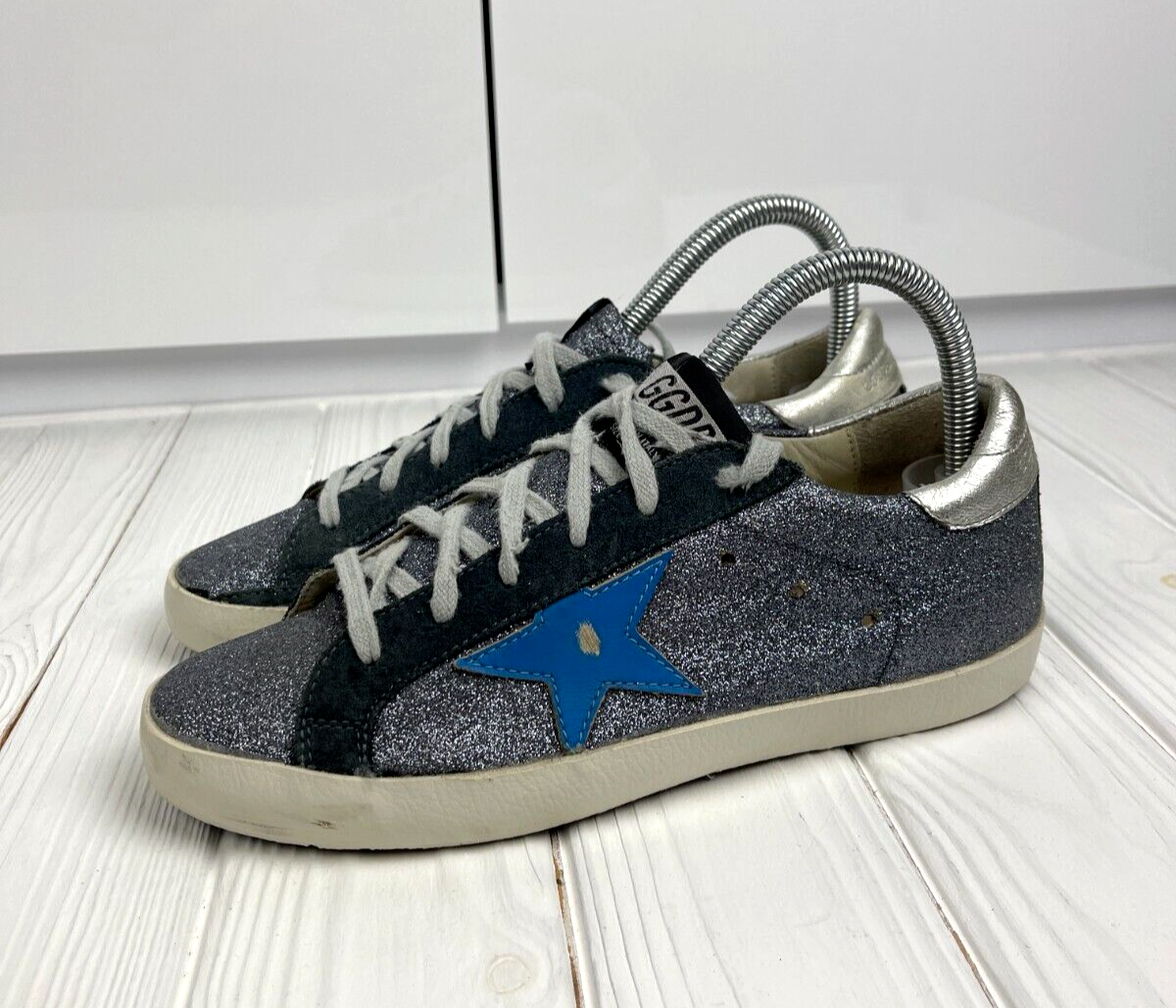 Golden Goose Superstar Sneakers GGDB Silver Glitter Shoes Blue