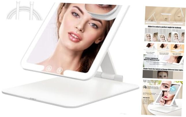 Portable 8.3x6.1in Travel Makeup Mirror with LED Light in White  -image
