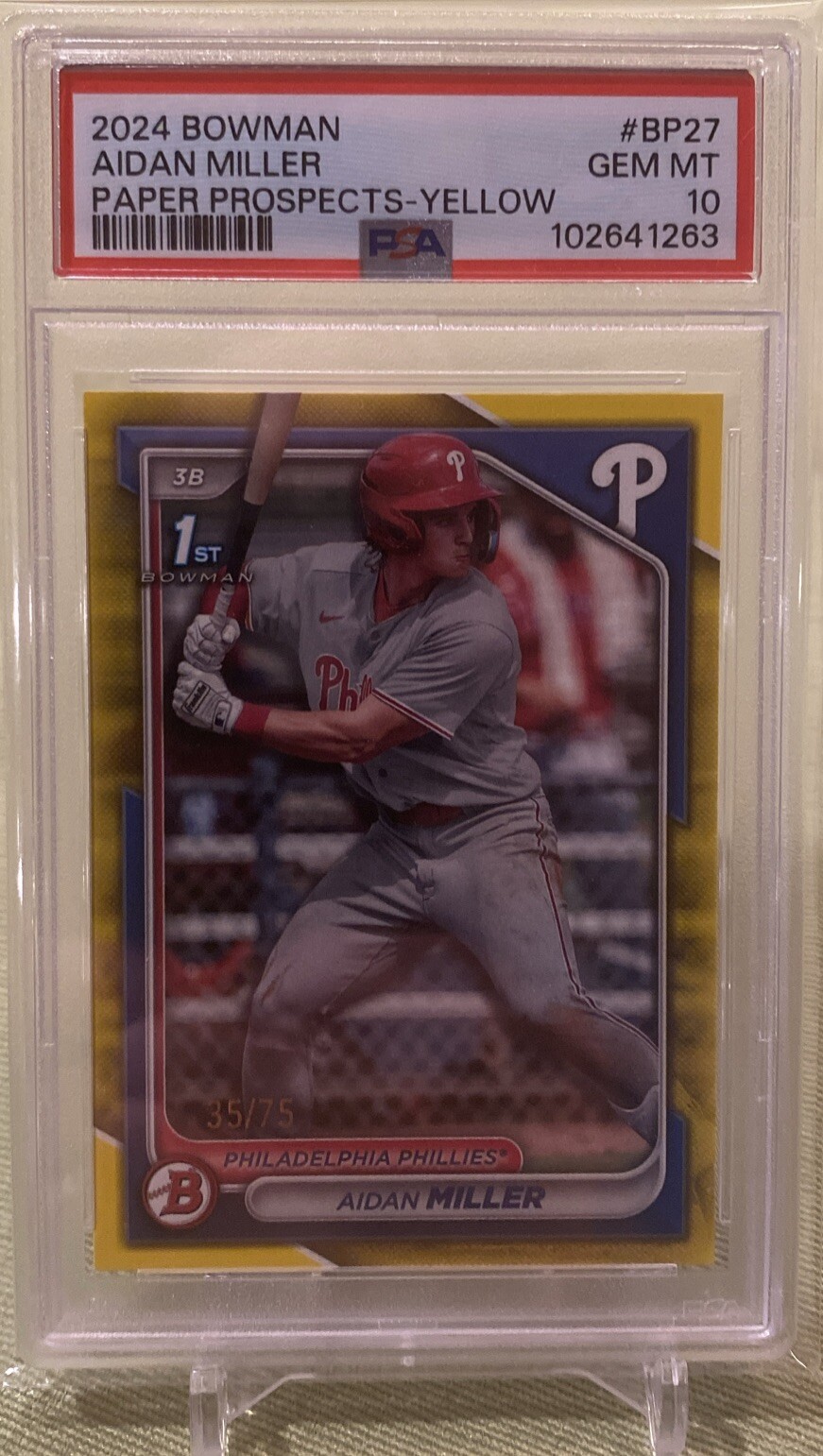 2024 1st Bowman Prospects Yellow Paper #BP-27 Aidan Miller /75 PSA 10 Gem Mint