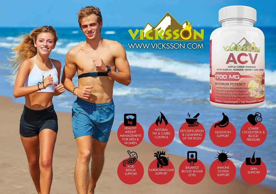 Vicksson Apple Cider Vinegar Pills 1700 mg ACV with Garlic, Ginger, Lemon, 120CT - Image 2 of 4