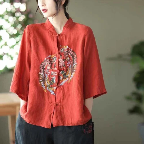 Chinese style cotton linen shirt embroidered top women's stand up collar party- - Bild 16 von 22