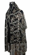 Elegant Oblong Lace Floral Scarf Wrap w/ Sequins, Black/Brown