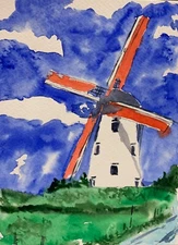 Original Watercolor Painting 7x9.5": Windmill Landscape, Rural Scenery Art