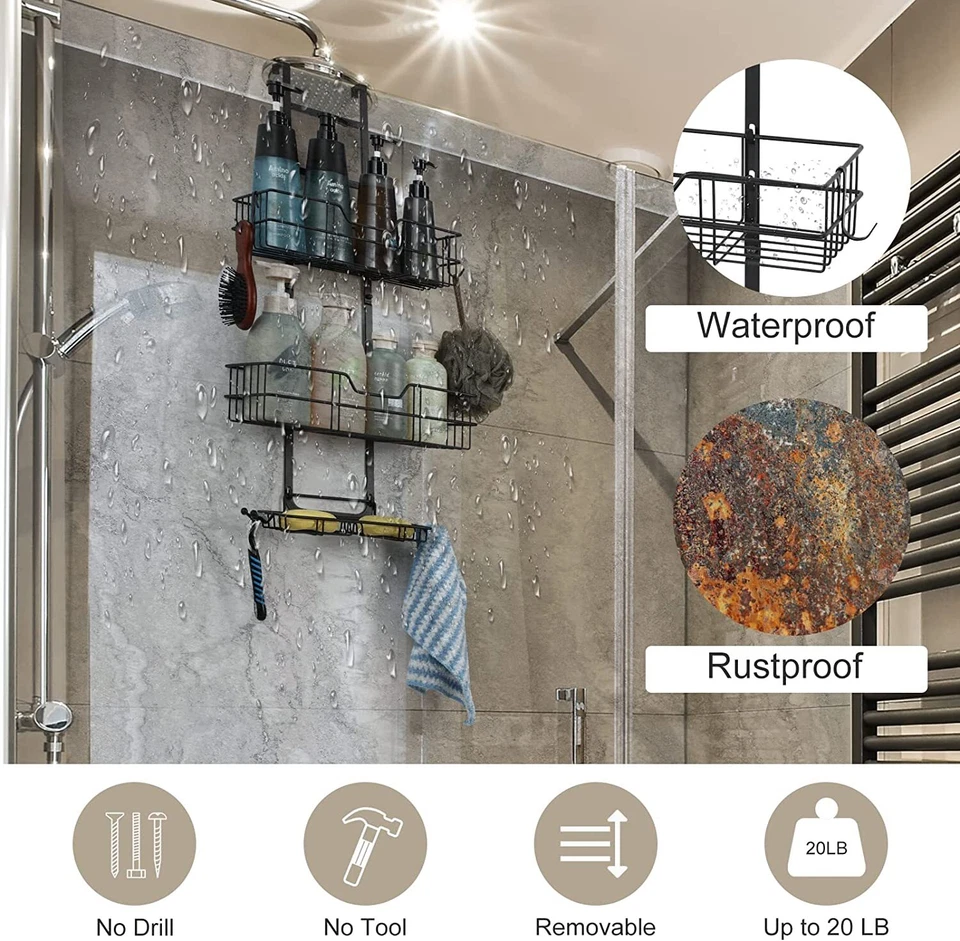 Carrito de ducha colgante sobre la puerta, organizador de ducha adhesivo sin perforación con gancho Foto 4 de 4