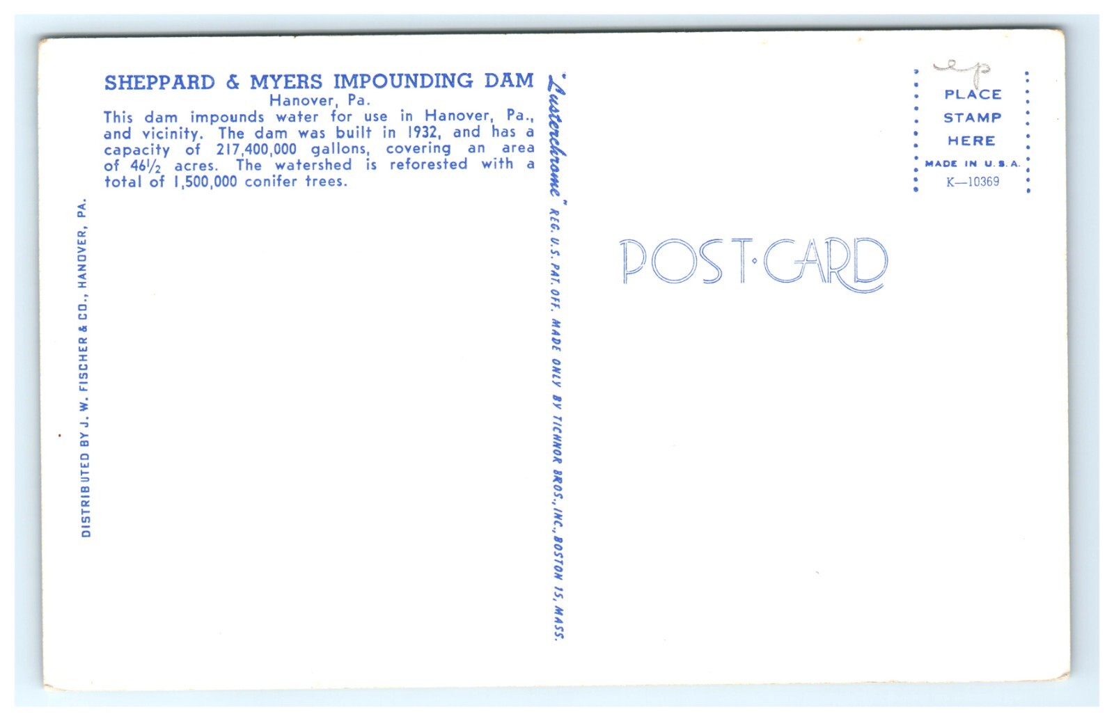 Postcard Sheppard and Myers Impounding Dam Hanover PA Pennsylvania