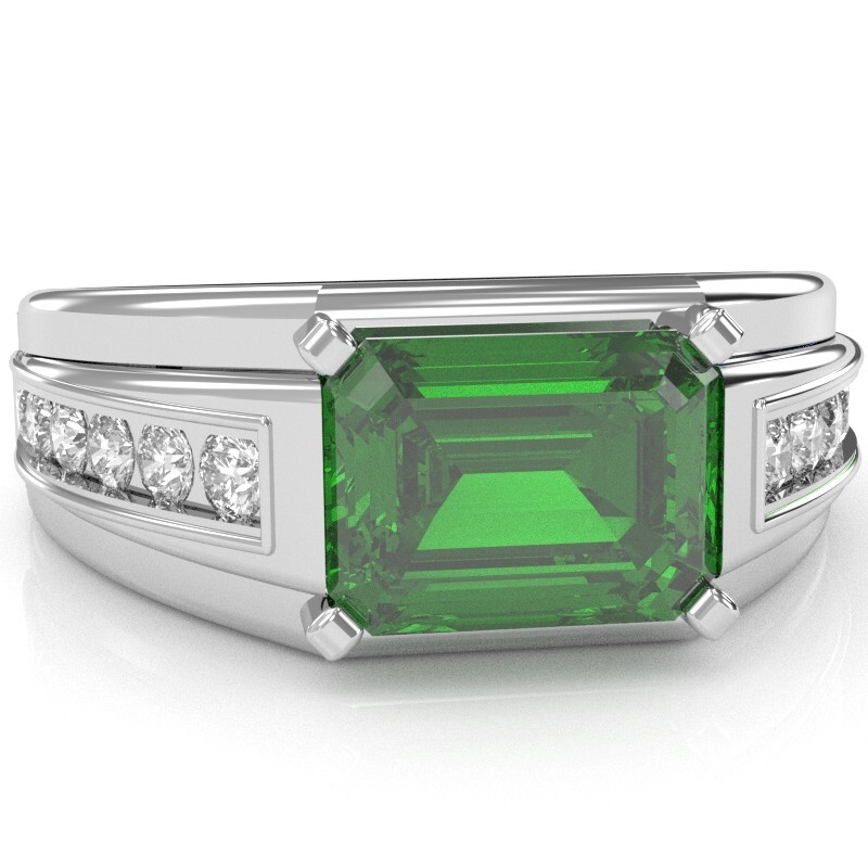 14k White Gold Men's 6x8mm Lab Emerald  Diamond Channel Ring