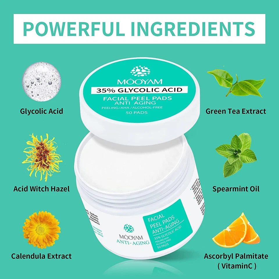 Ácido glicólico 35% almofadas esfoliantes faciais chá verde AHA - 50 almofadas estoque EUA - Imagem 3 de 4