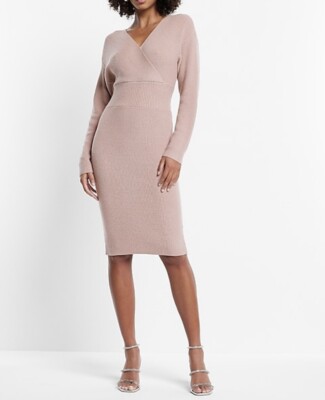 Express NEW Ribbed Knit V-Neck Long Sleeve Midi Sweater Dress In
