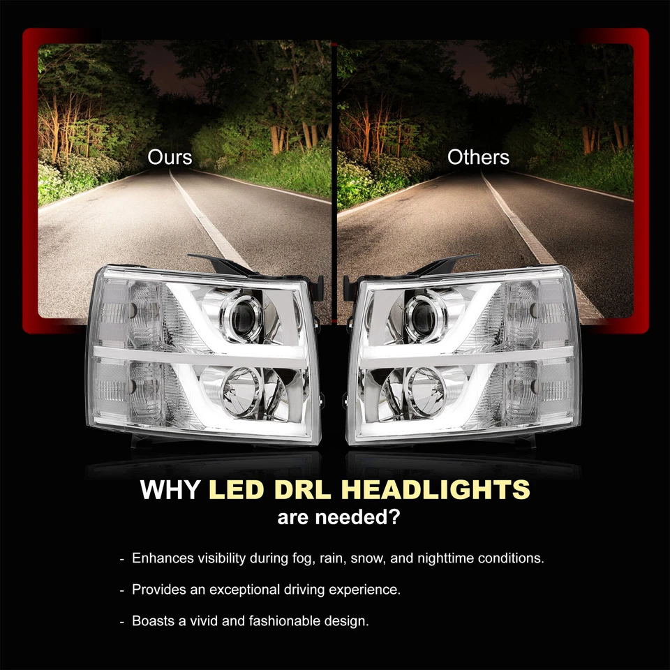 For 2007-2013 Chevy Silverado 1500 2500HD 3500HD LED Bar Tube Chrome Headlights Foto 4 de 4