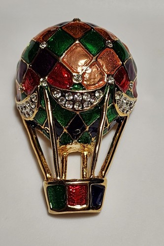 Beautiful Unsigned Enamel Rhinestone Hot Air Balloon Brooch Pin