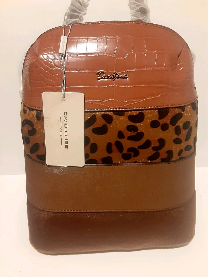 David Jones Cheatah/Brown Women Backpack Paris Brand Elegant NWT Faux Leather - Image 2 of 4