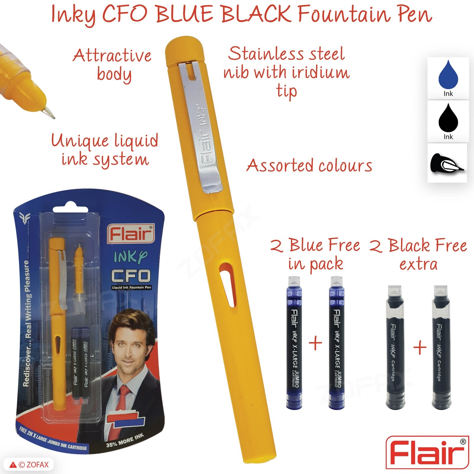 FLAIR Inky CFO BLACK BLUE Fountain Pen Set Steel Nib Iridium Tip Cartridge eBay