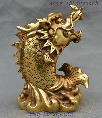 11" Chinese Feng shui Copper Brass Wealth Animal Dragon Fish Fishes Beast Statue - Imagen 9 de 10